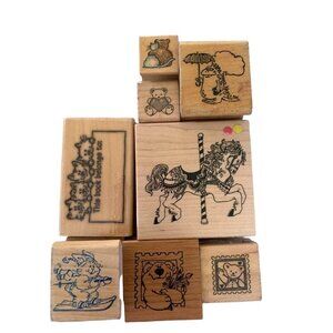 Vintage Wood Rubber Stamps Set of 8 with Carousel Horse Bears Cats More